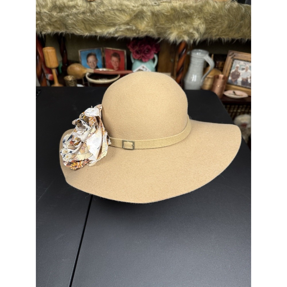 French Connection Beige Wool Felt Women's Wide Brim Hat Flower Accent One Size